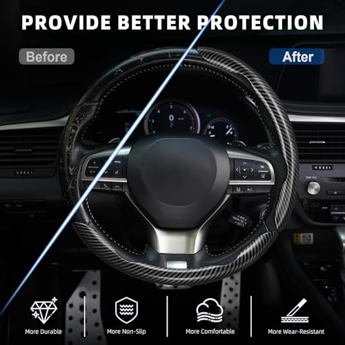 Image of Amiss 3pcs Carbon Fiber Anti-Skid Steering Wheel Cover, Waterproof Design, Universal Fit for 14-16 Inch Car Wheel Cover, Interior Car Accessories for Jeeps, SUVs, Trucks (Glossy Black)