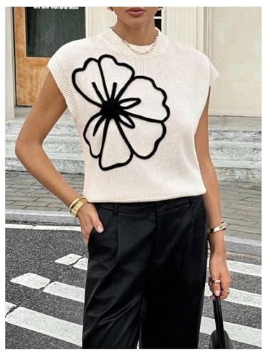 Image of SOLY HUX Women's Short Sleeve Sweater 3D Floral Sweaters Pullover Tank Tops Knit Vest Trendy Fashion Clothing