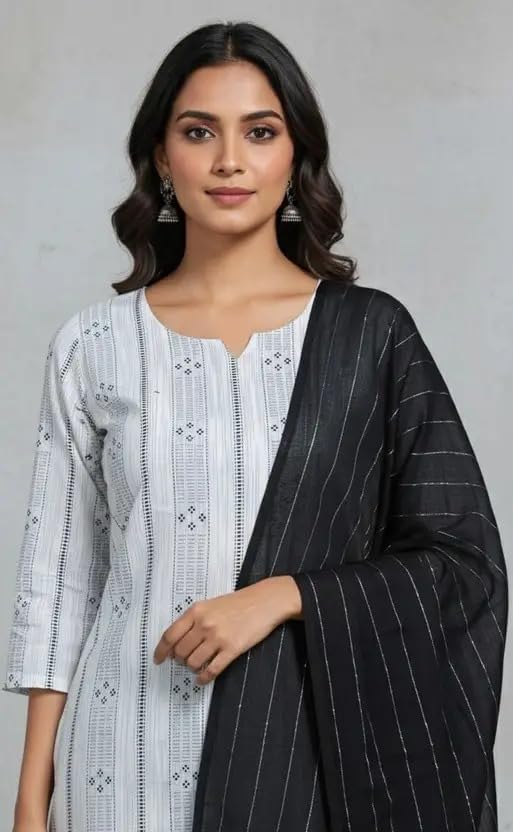 Image of Women's White Cotton Printed Kurta Set with Pant & Dupatta by Il Filo | Elegant Ethnic Outfit for Office Wear, Festive & Party Look