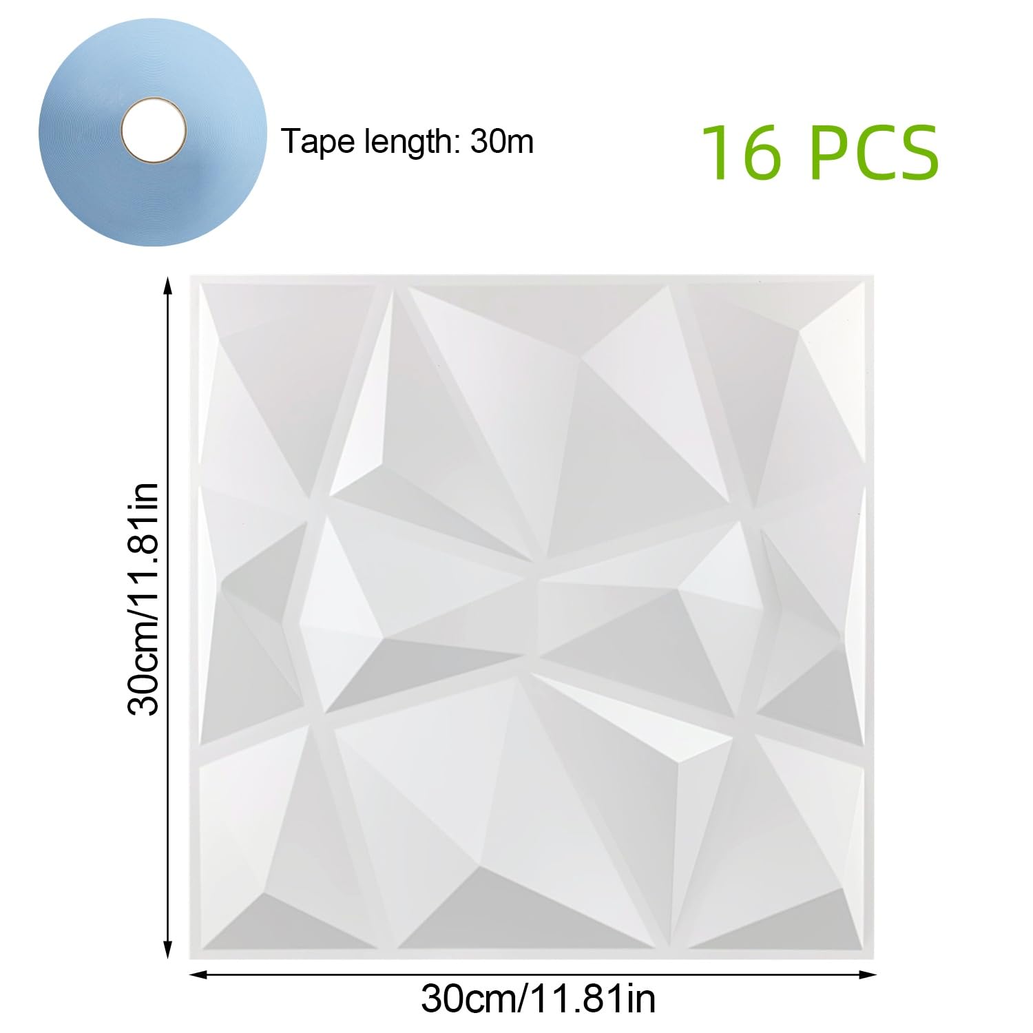 16 Dekoracyjny panel ścienny 3D, biały matowy 30 x 30 cm, panele ścienne 3D, diamentowy design 3D do domowego biura lub wystroju wnętrza studia
