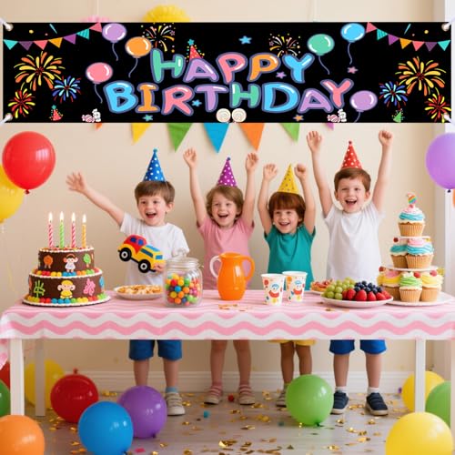 Image of Nuxovilar Happy Birthday Banner Fireworks 18x79 Inches Polyester | Party Sign, Firework Poster colorful happy birthday banner, yard decoration yard, porch, fence (Fireworks)