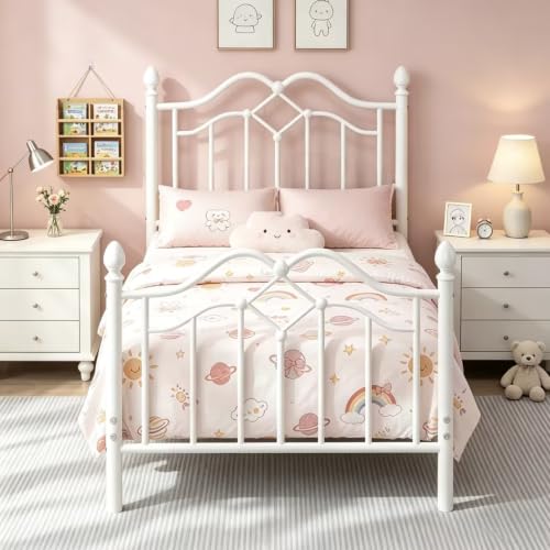 Image of LoVinson Twin Size Bed Frame with Victorian Headboard & Footboard, White