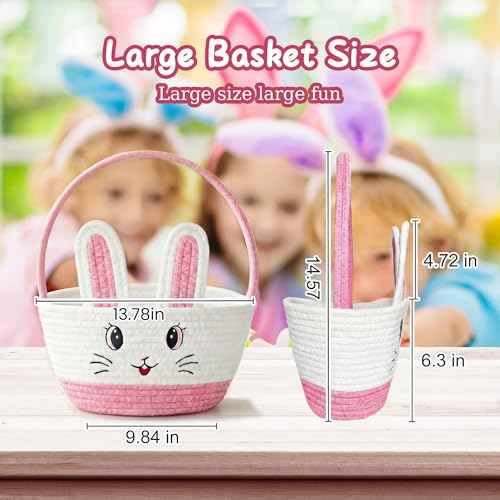 Image of Allaugh Personalized Easter Basket for Toddler: Pink Cotton Woven Baby Easter Gift Basket - Empty Bunny Egg Baskets Large with Double Rope Handle For Girls Boys Kids