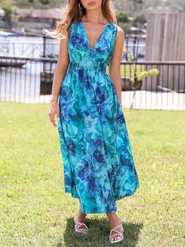 womens summer sleeveless v neck boho long dress floral print midi sundress