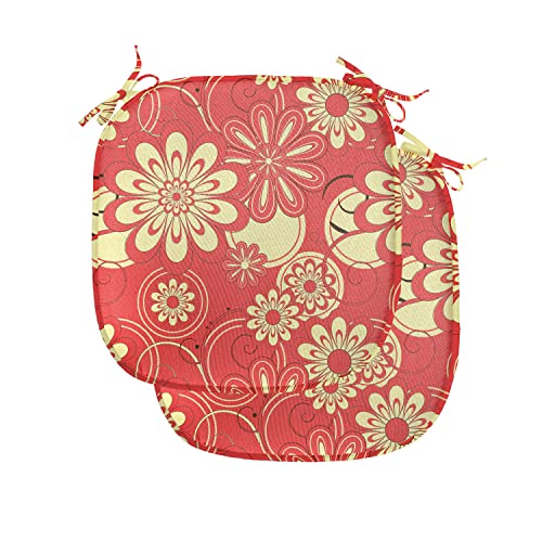 Lunarable Floral Chair Seating Cushion Set of 2, Botanical Abstract Arrangement with Flowers Whimsical Fun Garden, Anti-Slip Seat Padding for Kitchen & Patio, 16'x16', Pale Yellow Dark Coral