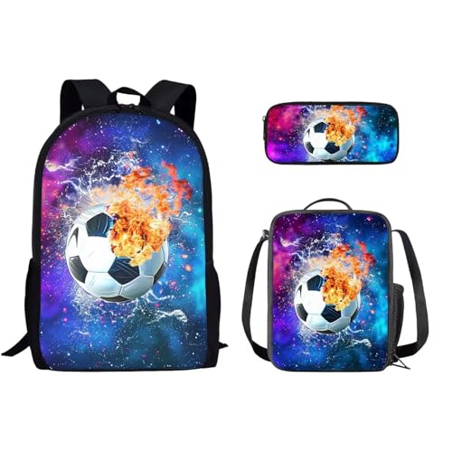 Dreaweet Galaxy Soccer Bookbag for Kids 8-12 Boys Backpack with Lunch Box Pencil Case 3 In 1 Girls Book Bag with Lunchbox Under 15 Elementary Middle School Bag and Lunch Bag Set