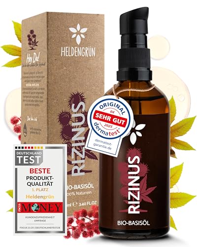 Heldengrün® BIO Rizinusöl Haare [100% NATURREIN] - Castor Oil - Dermatologisch getestet - Kaltgepresstes Rizinus Öl - Booster für Haare, Wimpern, Augenbraun & Bart
