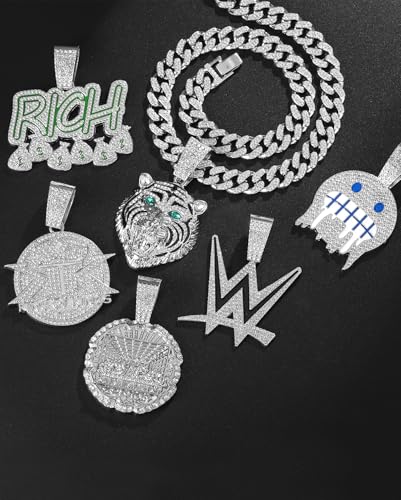 ​Lced Out Diamond Cuban Chain for Men | Hip Hop Miami Link Necklace Silver & Gold Plated Options with Pendant, 7-Pack Gift Set2