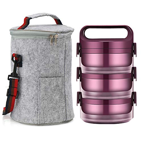 Q&Z Termo para Alimentos De Acero Inoxidable,PortáTil Frasco TéRmico Comida Multicapa Termo Box De Platos Calientes para Comida Sopa,Púrpura,3 Layers + Bag