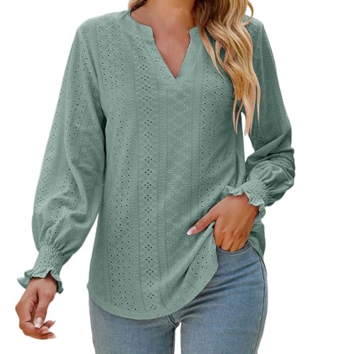 Generisch - Generisch Damen Langarmbluse mit Lochstickerei - Leichte Tunika mit V-Ausschnitt und gesmokten Bündchen | Elegante Bluse im Boho-Stil für Frühling und Sommer