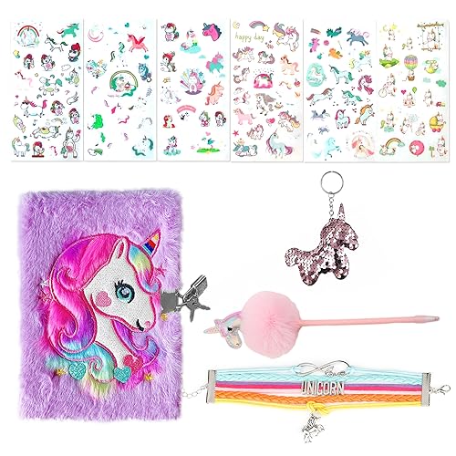 MEMOFYND 1 juego de caballo arcoíris, cuaderno morado con candado, pulsera tejida colorida, colgante de lentejuelas, bolígrafo de gel con pompón, pegatinas, diario, regalo de cumpleaños para niñas