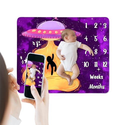 Image of UFO Baby Monthly Milestone Blanket, 48x48in Soft Flannel, Alien Round Spaceship, Newborn Mom Gifts, Baby Shower Age Growth Tracker with Bonus Maker (Purple Pink, 48x48in)