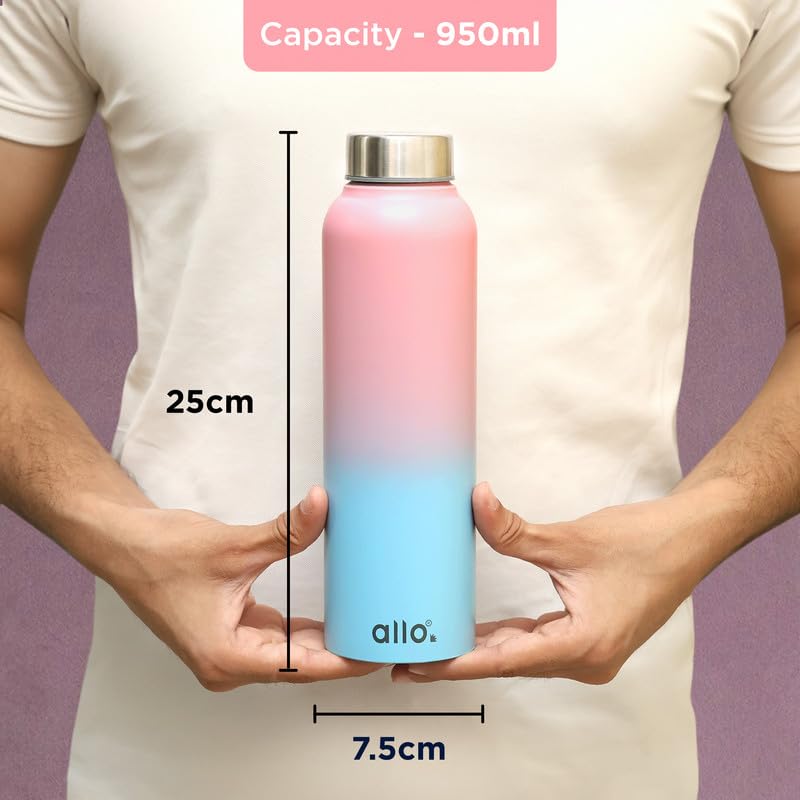 Image of Allo Stainless Steel Water Bottle For Adults, Kids 950ml Water Bottles For School, Office, Sports, Gym 950ml Water Bottle For Men And Women, Pack Of 2| Leak Proof, Bpa Free, Pink And Baby Blue