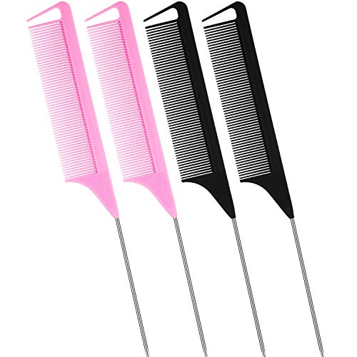 4 Piece Parting Comb for Braids Rat Tail Comb Steel Pin Rat Tail Carbon Fiber Teasing Combs with Stainless Steel Pintail (Black, Pink)