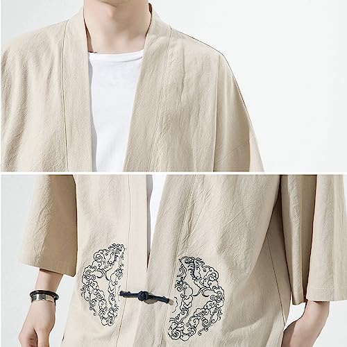 Image of Mens Kimono Cardigan Cotton Linen Japanese Shirt 3 /4 Sleeve Haori Yukata | Skin-Friendly Solid Color Lightweight Shawl Collar Kimono Robe Embroidery Button Tie Pockets Happi Coat All Season Daily Wear