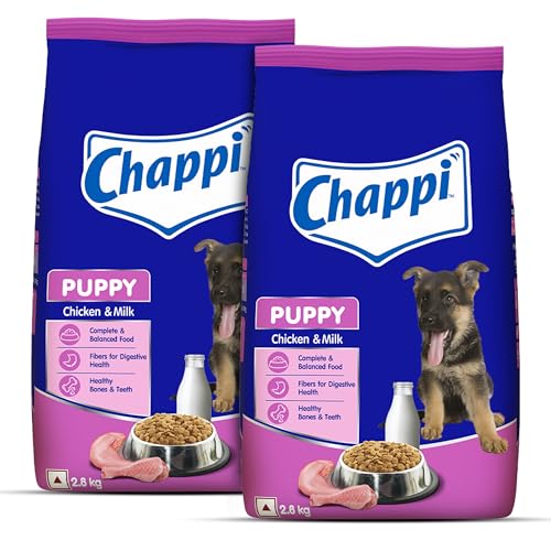 Image of Chappi Puppy Dry Dog Food, Chicken & Milk, 2.8 kg, Complete and Balanced Food for Puppies (Pack of 2)