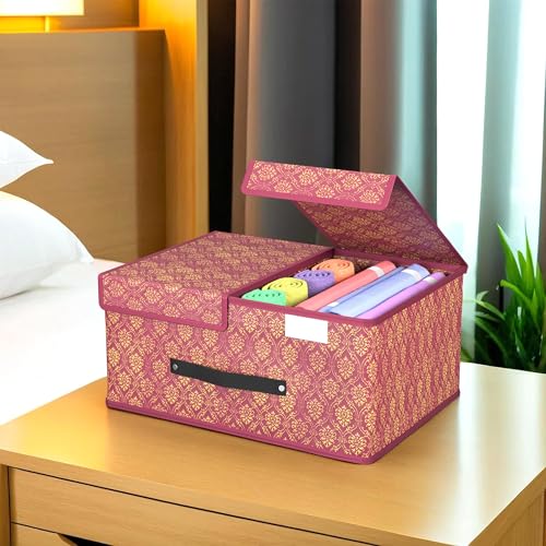 Kuber Industries Cloth Organizer for Wardrobe (Small) Foldable Storage Box with Double Lid | Drawer Organiser | Golden-Print | Maroon Kuber Industries Cloth Organizer for Wardrobe (Small) Foldable Storage Box with Double Lid | Drawer Organiser | Golden-Print | Maroon