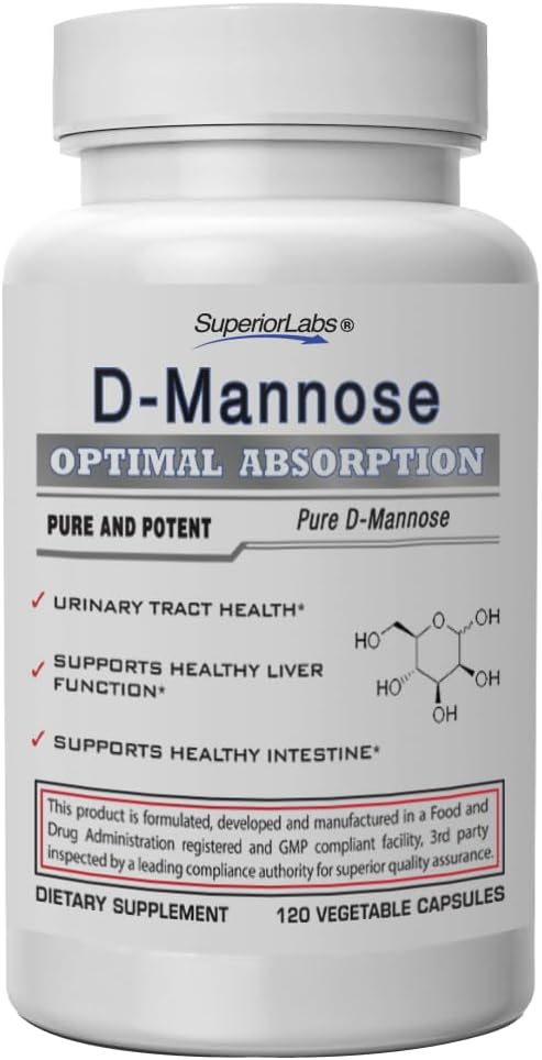 D-Mannose 500 mg, Pure Non-GMO Optimal Absorption Prebiotic, Urinary Tract, Bladder & Kidney UTI Support, Digestive & Liver Health Aid, IC Relief for Women & Men, 120 Veg Caps