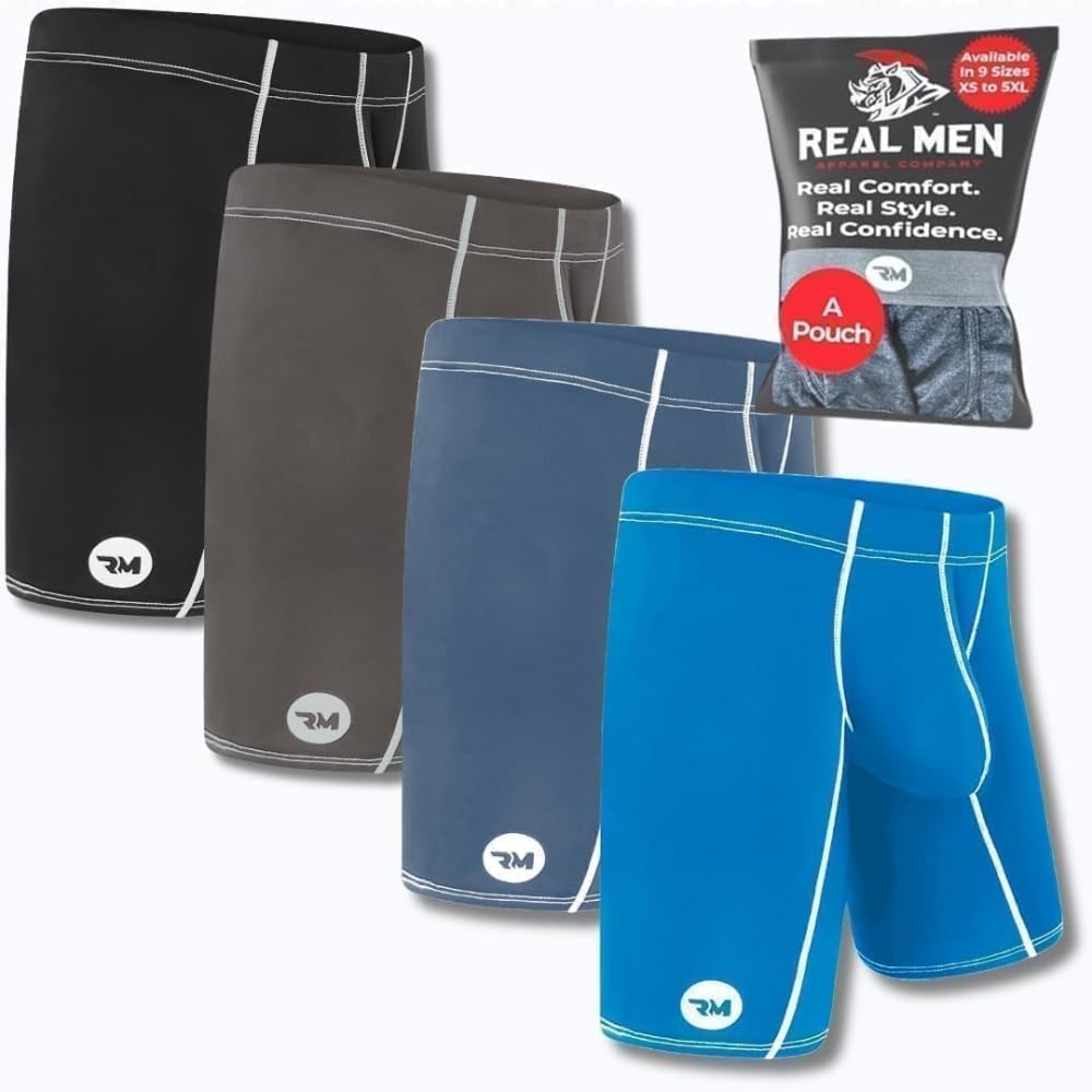 Real Men Athletic Underwear with Support Pouch - 1 or 4 Pack 9in Nylon Briefs - ABCD Pouch - XS-5XL, 4 Pack- Black/Dark Blue/Gray/Light Blue, XL