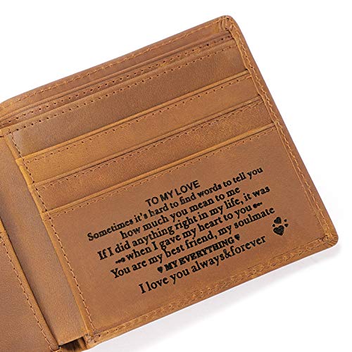 Personalized Engraved Leather Wallet for Boyfriend Husband from Wife Girlfriend - Anniversary Valentines Christmas Birthday Wedding - Minimalist Mens Bifold Purse with Romantic Message - I Love You2