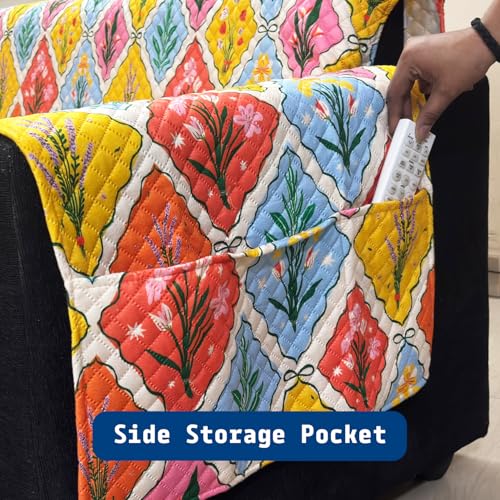 Image of House of Quirk IKATRA Series Quilted Printed Sofa Cover for Indian Sofa Set with Side Pocket - Premium Washable, Anti-Slip, Durable & Ultra Soft Fabric Protector (Spring Blossom, One Seater)