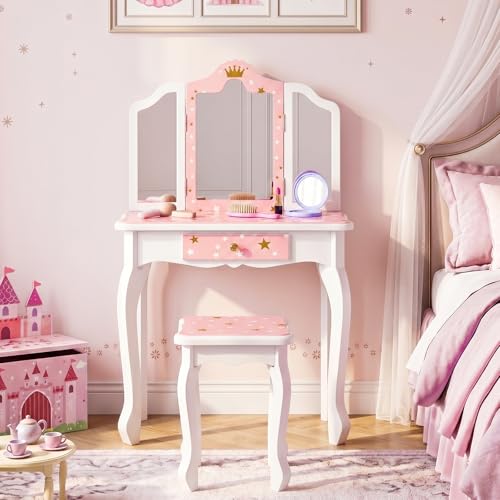 JOYMOR Kids Princess Vanity Table and Chair Set, Kids Vanity Set with Mirror, Makeup...