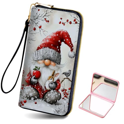 Women's Card Holder Wristlet Wallet, Convenient Travel Long Wallet with Strap and Pink Compact Mirror, Fashion and Sturdy Wristlet Long Purse for Women, Snow Santa Claus