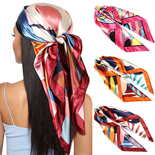 Kajeer 3 Pezzi Foulard Bandana Fazzoletto per Donne - 90x90cm Grande Sciarpa di Seta Raso Morbido Sciarpa di Raso Foulard per Capelli per Donne