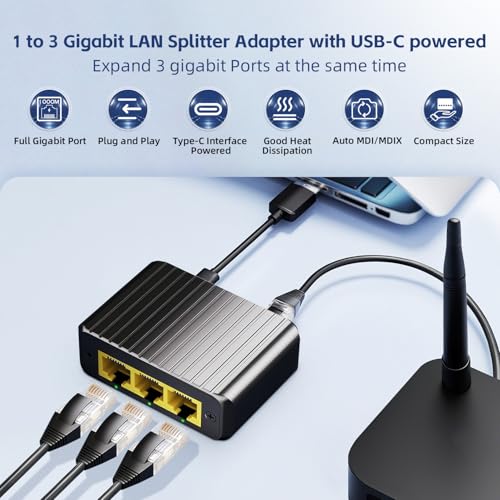 Image of Binardat 1 to 3 Gigabit Network Splitter, 4 Port Ethernet Switch, Type-C Power Supply, Mini Size Metal Housing Plug and Play