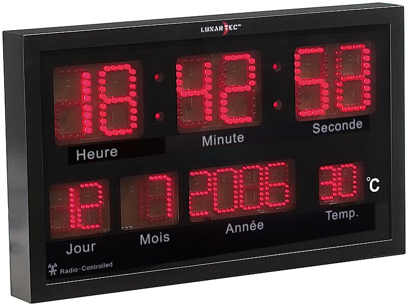 Horloge murale radio-pilotée grand affichage LED rouge Lunartec montre digitale