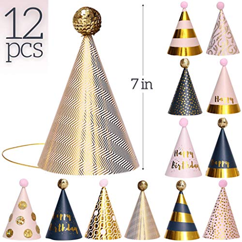 Birthday Party Hats - Fun Celebration Kit of 12 Gold Happy Birthday Cone Party Hats for Kids Birthday Party - Birthday Party Supplies and Decorations