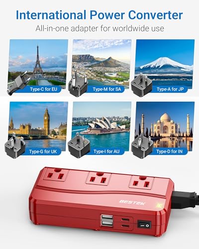 Image of BESTEK International Power Adapter 300W, 220V to 110V Step Down Travel Voltage Converter with 4-Port USB (2 USB 20W) Including US /AU /EU /UK /India /South Africa Plug Adapter (Red)