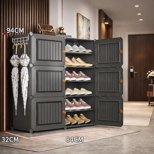 Image of YASONIC Premium Modular Plastic Shoe Rack for Home with Door | 12-Tier Stackable Shoe Organizer | Waterproof & Dustproof | Space Saving Storage for Home, Bedroom & Entryway [Black HA2, 12-Shelf-6-Door
