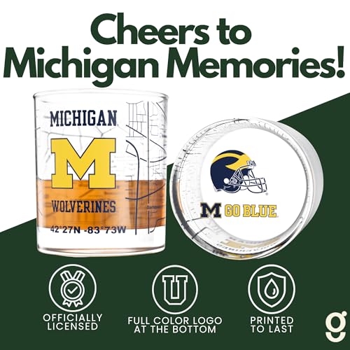 Image of Greenline Goods University of Michigan Wolverines Whiskey Glasses Set of 2, 10 oz Rocks Glasses with Full-Color Logo & Campus Map - Officially Licensed Bourbon Glass Gift for Alumni & Fans