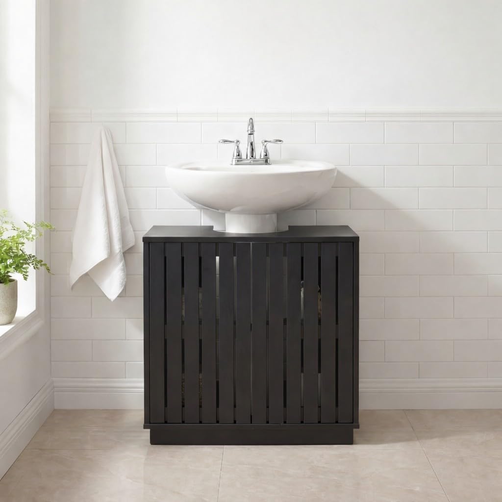 Furnihaus Gaia Wooden Under Sink Bathroom Storage Cabinet, Freestanding Slim Undersink Cupboard & Basin Unit, Floor Standing, 60x29.5x60cm, (Black Oak Effect)
