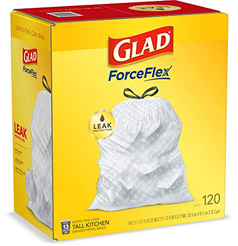 Glad ForceFlex Tall Kitchen Drawstring Trash Bags – 13 Gallon White Trash Bag, Unscented – 120 Count (Package May Vary)
