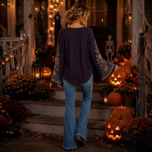 Womens Halloween Shirts Vintage Skeleton Bell Sleeve Crew Neck Top - image 5