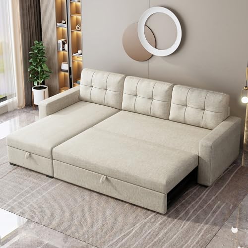 YOPTO 81.5“ L-Shape Upholstered Sleeper Sectional Sofa with Storage Chaise & Pull Out Bed,Convertible Corner Couch Bed W/ 3 Removable Back Cushions for Living Room,Office