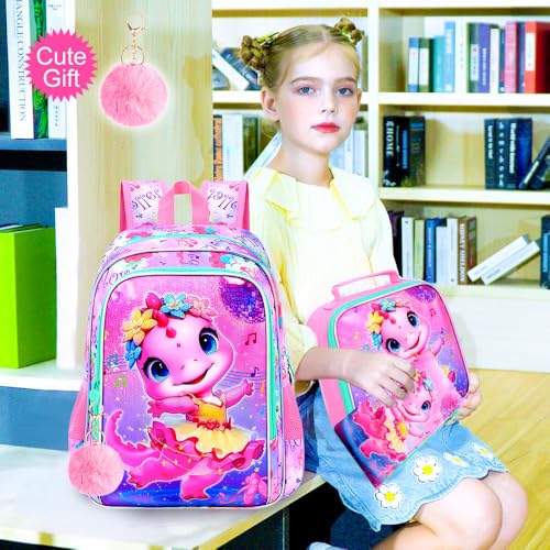 Image of CCJPX 3PCS Dinosaur Backpack for Girls, 16 Inch Kids Ballet Preschool School Backpacks with Lunch Box, Cute Ballet Water Resistant Bookbag with Elementary Toddler Travel
