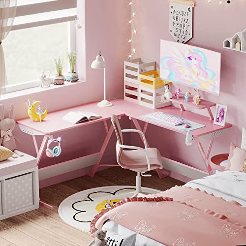 Motpk Pink Gaming Desk L Shaped, Gamer Desk Gaming Table With Carbon Fiber Texture, Corner Computer Desk L Shape With Monitor Stand & Cup Holder & Headphone Hook, 51 Inch, For Women & Girls Gift #TOP5