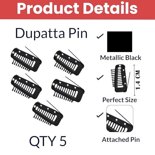 Image of TEMPERIA (5pcs) Dupatta Clips for Brides - Bridal Saree Pallu Chunni Setting Holding Safety Pin for Head - Hair Patch Wig Clips for Women - Black