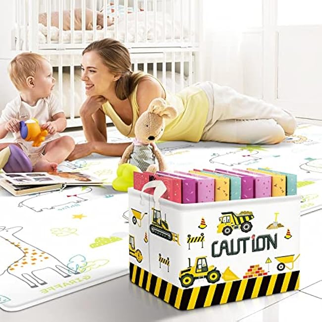 Clastyle Cartoon Construction Cars Shelf Basket for Kids Room Cranes Excavator Bulldozer White Rectangle Clothes Toys Cube Storage Basket, 36L
