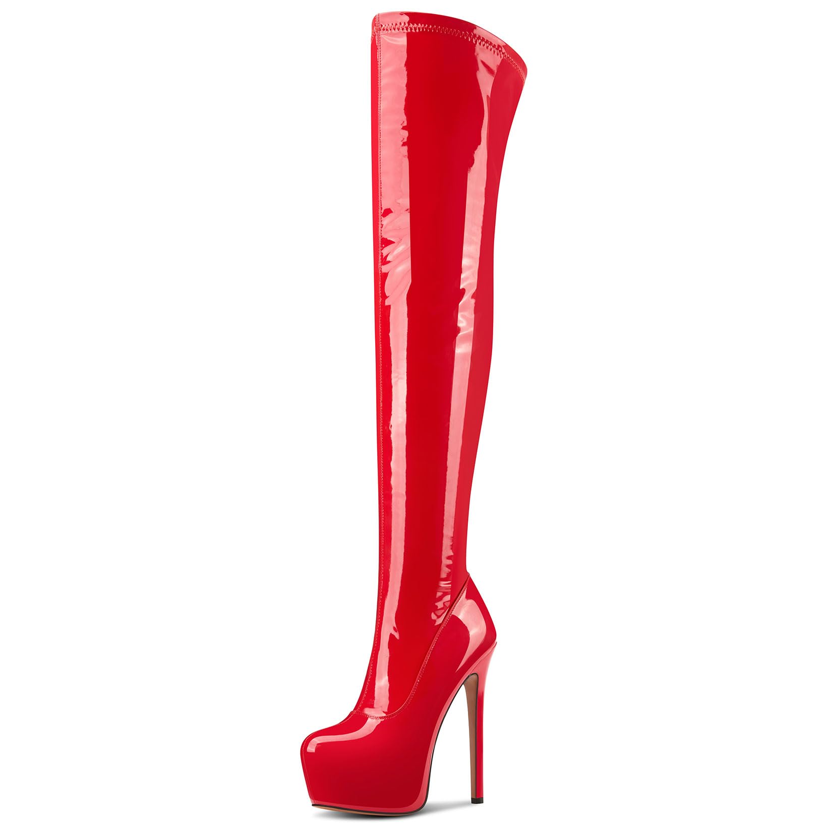 NobleOnly Mujer Alto High Aguja Heel Redonda Punta Plataforma Sobre la Rodilla Botas Cremallera Baile Fiesta Botas 15 CM Heels