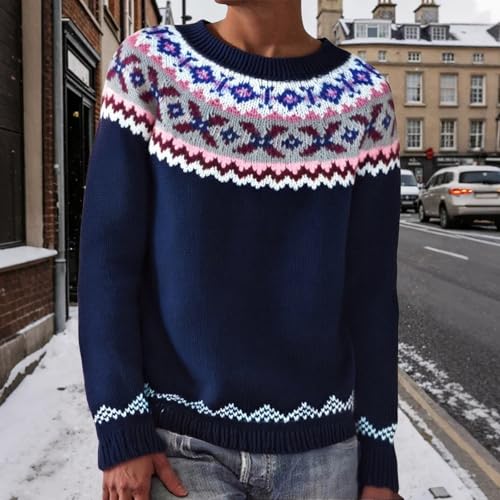 Womens Pullover Vintage Sweaters, Fall Winter Crewneck Knitted Sweater, Boho Casual Cute Fair Isle Print Tops3