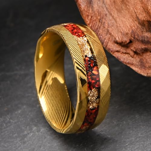 Gold Damascus Steel Rings for Men and Women 8mm Hammered Inlaid with Red Opal and gold foil Men's Engagement Wedding Bands High Polished2
