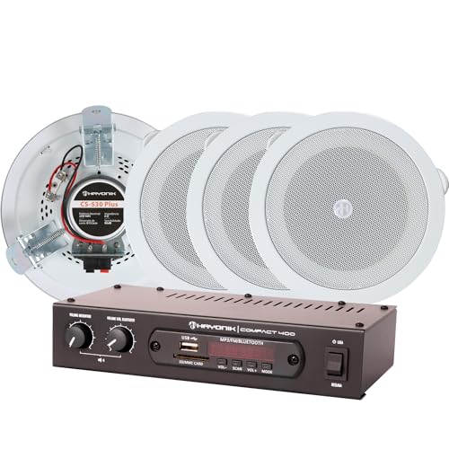 HAYONIK, Kit de Som Ambiente com 1 Amplificador Compact 400 e 4 Arandelas CS-530 PLUS, 400W, Arandela de 5', 3 Pontos de Fixação, Proteção UV