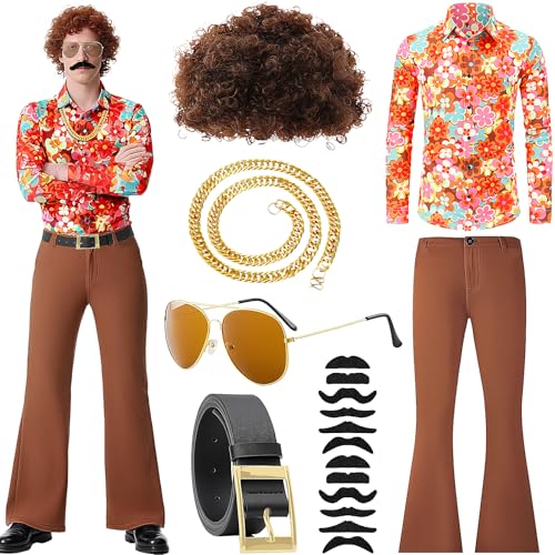 Jokureao Lot de 7 costumes disco des années 70 pour homme, costume hippie pour homme, tenue rétro avec chemise, pantalon évasé, perruque, ceinture, lunettes, barbe et chaîne dorée, déguisement hippie