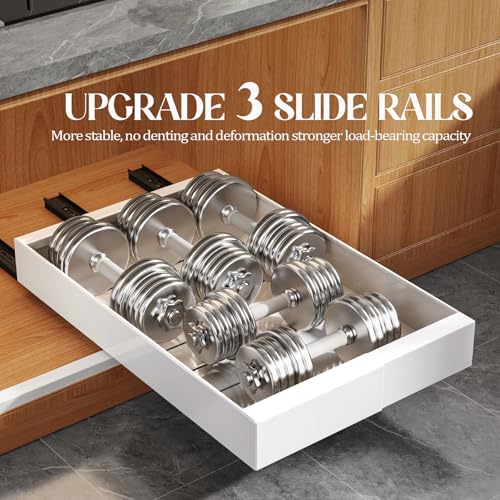 4 Pack Expandable Pull Out Cabinet Organizer 21" Deep With Raising Pad for Framed Cabinets,Upgrade 3 Slide Rails Slide Out Drawers,No Drill Roll Out Shelves,Adjustable Width 9"-14" White