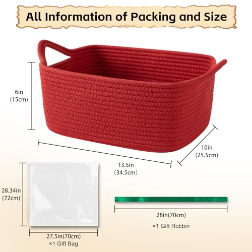 Image of OIAHOMY Woven Basket, Gift Basket Empty with Gift Bags and Ribbons, Rope Baskets for Baby Showers, Storage Baskets with Handles for Nursery, Pet Toy Organizer - Red