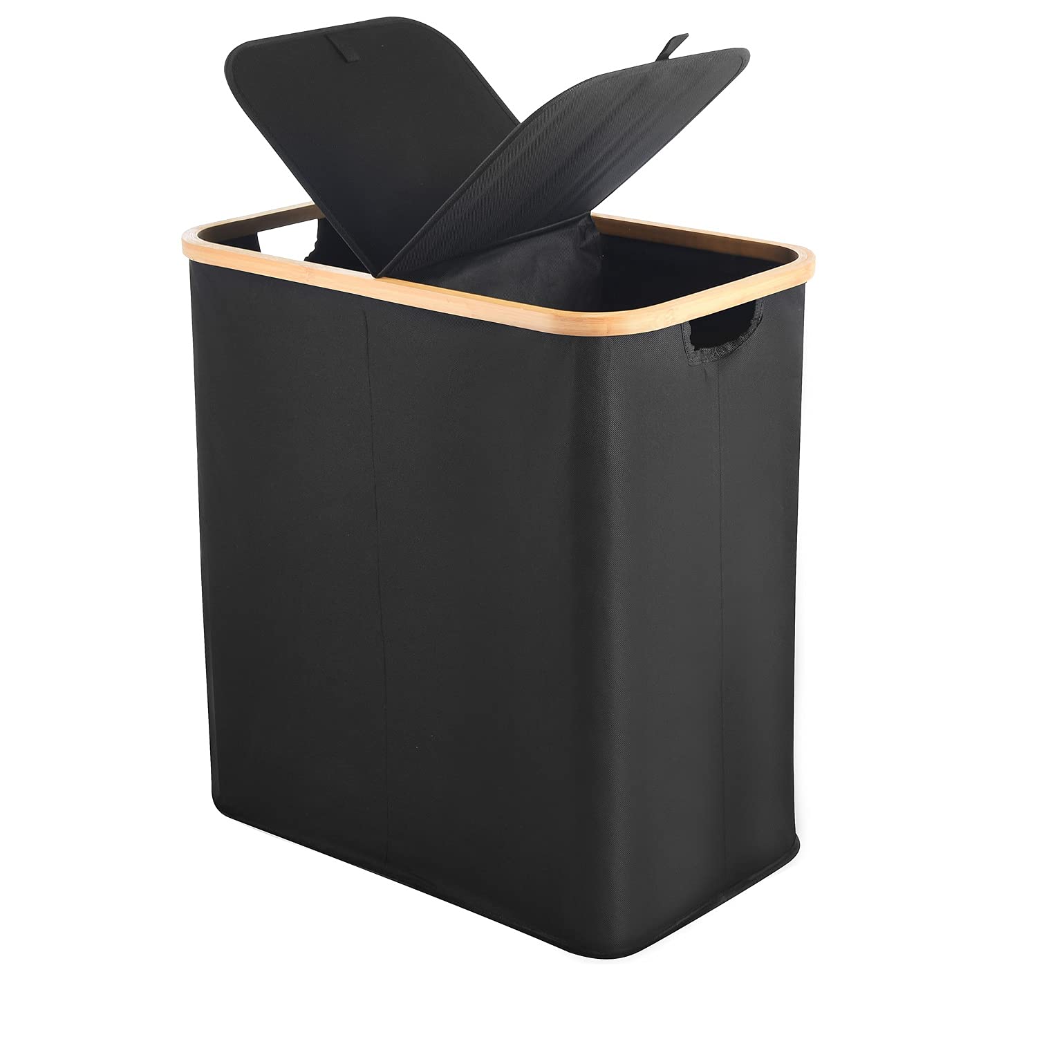 ALINK 107L Divided Foldable Bamboo & Canvas Laundry Basket with Lid and Handles, Tall Double Collapsible Large Laundry Hamper-Waterproof Liner, Great for Adults, Bedroom, Bathroom, Black